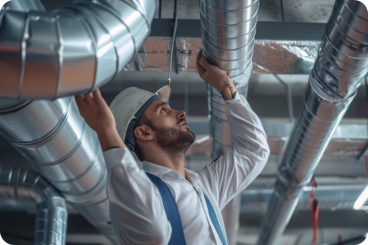 Technicien qualifié avec casque de chantier inspectant et installant des gaines de ventilation métalliques rigides à Béziers.