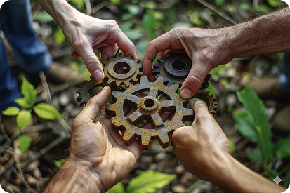 Plusieurs mains unissant des engrenages métalliques rustiques au-dessus d'un sol végétal, symbolisant la durabilité et l'engagement éco-responsable d'une entreprise de climatisation à Béziers.
