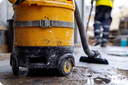 Gros plan sur un aspirateur de chantier professionnel jaune et noir sur un sol en cours de nettoyage, avec un technicien à l'œuvre en arrière-plan, illustrant l'engagement de laisser un espace propre après l'installation d'une climatisation à Béziers.